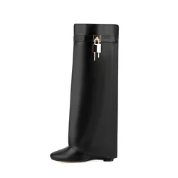 Bottes hautes au genou avec serrure en métal pour femmes, chaussures compensées, style punk, Parker rond, bottes de cow-boy à fermeture éclair, tendance féminine, 2024