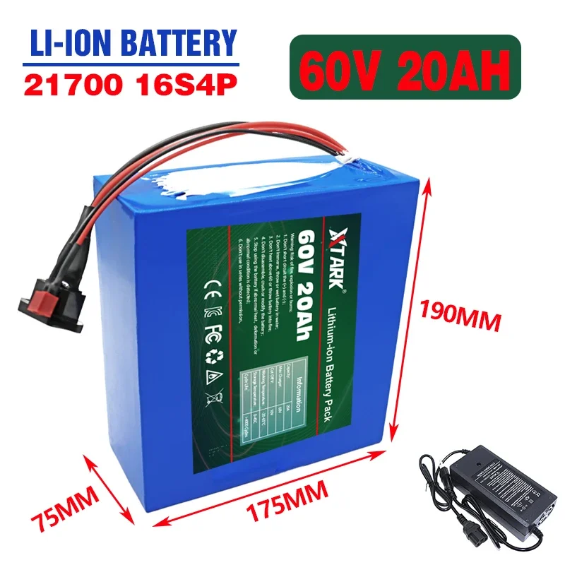 

New 60V 20Ah 21700 Lithium Battery Pack 16S4P 1000W-3000W Electric Bike Motorcycle Scooter Battery +67.2V 2A Charger