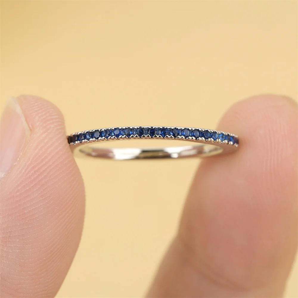 Single Row Blue Small Round Stone Minimalist Stackable Thin Rings For Women Silver Color Wedding Band Engagement Promise Jewelry