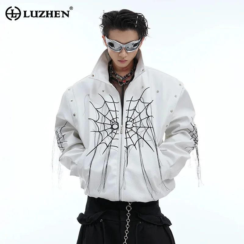 

LUZHEN Motorcycle Leather Jacket Spider Web Tassel Design Metal Rivet Punk Trendy Men's Outerwear Original Autumn Street LZ5247