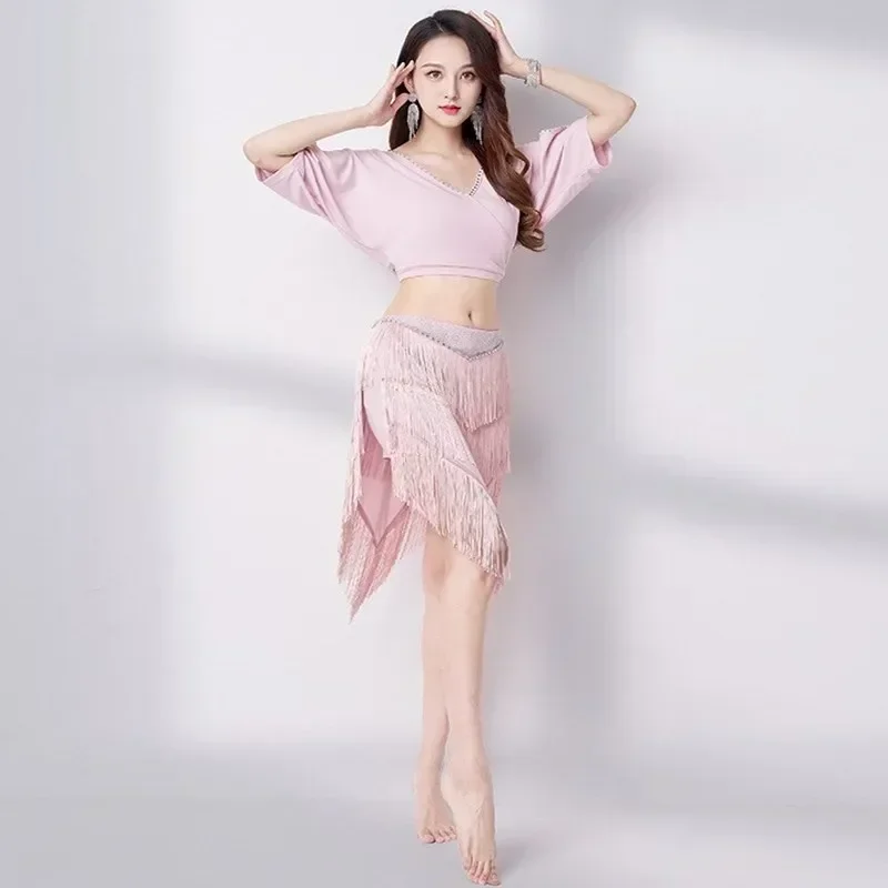 

Women Belly Dance Fringe Costume 2 Piece Long Sleeve Tassel Skirt Sparkle Rhinestone Oriental Dancer Show Outfit Sexy Flowy New