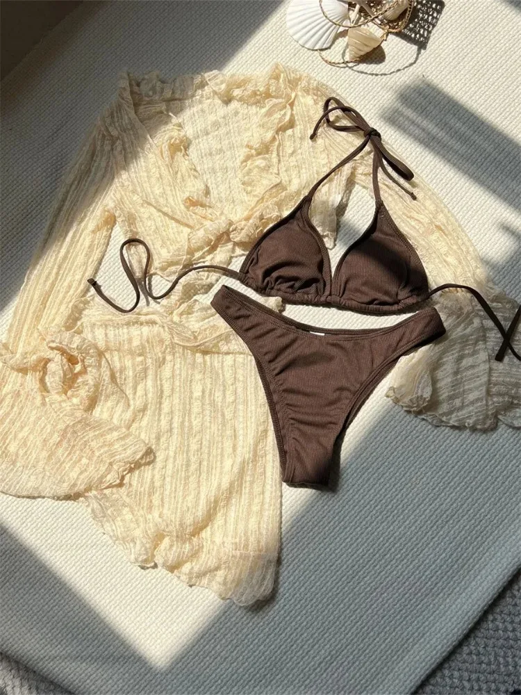 Donna 2025 Nuovo set bikini a 4 pezzi Maglia a maniche lunghe Cover Up Gonna da spiaggia Costume da bagno Costumi da bagno Set da 2 pezzi per abiti da spiaggia da donna