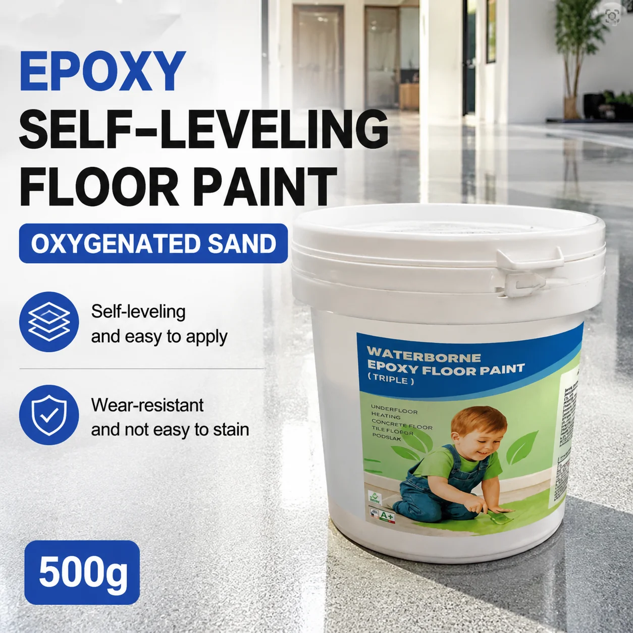 500g Epoxy Water‑based Epoxy Floor Paint Waterproof Anti‑Slip Marble‑Look Floor Coating for Home Warehouse Office Indoor Surface