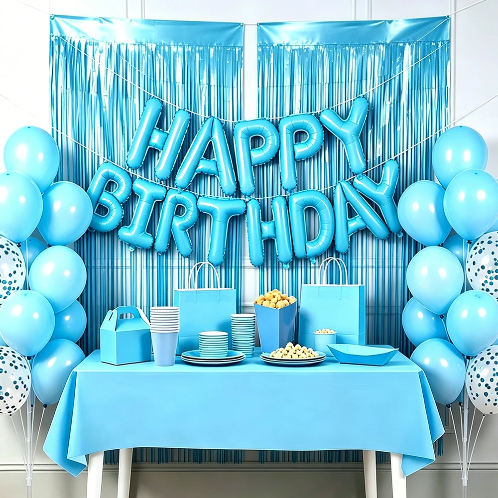 Hellblaue Themenparty-Zubehör Einweg-Pappteller Becher Tischdecke Ballon Folienvorhang für Babyparty Jungen Geburtstagsdekoration