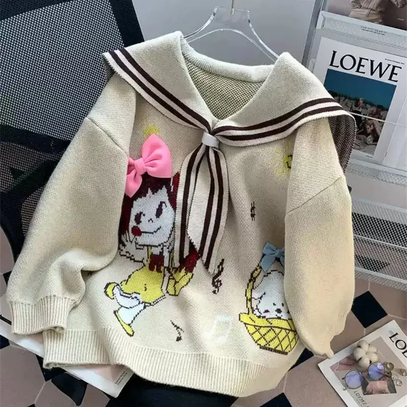 Lazy style Sailor Collar cute age reducing loose pullover sweater women's Autumn Winter outdoor wear 2024 new sweater jacket