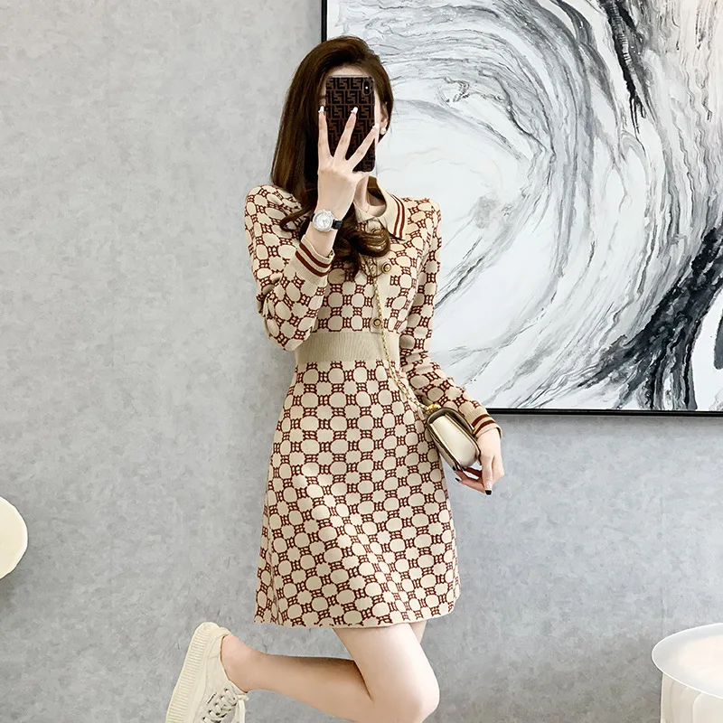 #0977 Khaki Sweater Dress Polo Neck Buttons Vintage Mini Dress Slim Fit Knitted Short Dress Female Sexy Short Retro Pencil Dress