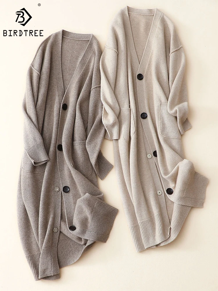 Birdtree 100%Cashmere Cardigan Coat Thickened V-neck Solid Loose Casual Comfortable Versatile Knitted Autumn Winter C3D2108QD