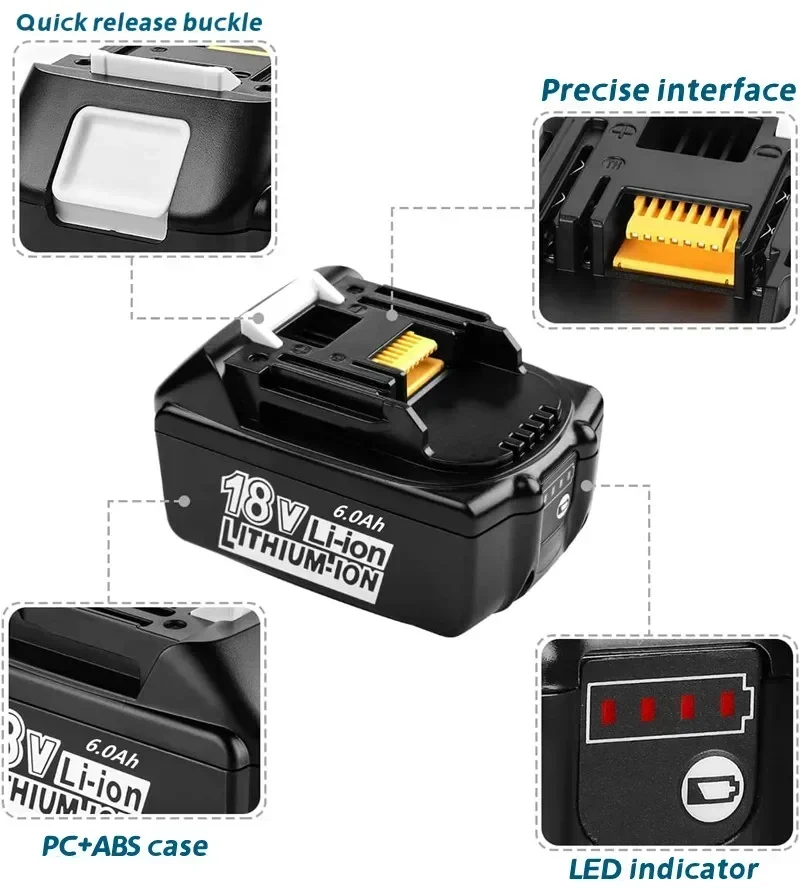 Baterai pengganti BL1860 6000mAh untuk baterai Makita 18V, baterai Lithium-ion untuk baterai Makita 18v BL1840 Bl1830 Bl1850