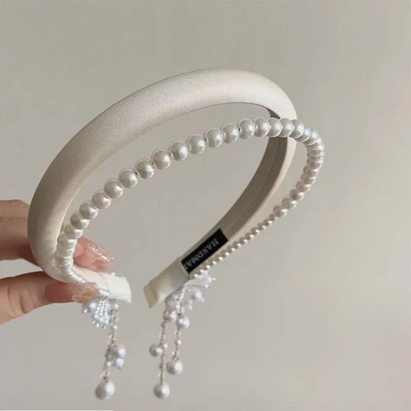 

2025 Double-Layer Pearl Fringe Headband for Women Face-Slimming Elegant Satin Headband Hair Accessory Face-Slimming Headband