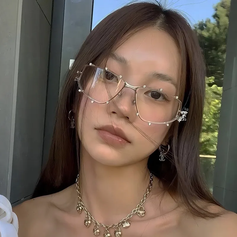 

Fashion Small Square Glasses Metal Frame for Women Fashion Zircon Sunglasses Bling Y2K Eyeglasses Cyberpunk Style Plain Glasses