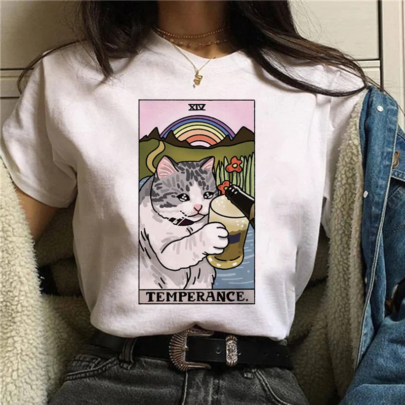 T-shirt manches courtes col rond femme, estival et mignon, à la mode, Kawaii Cat Tarot