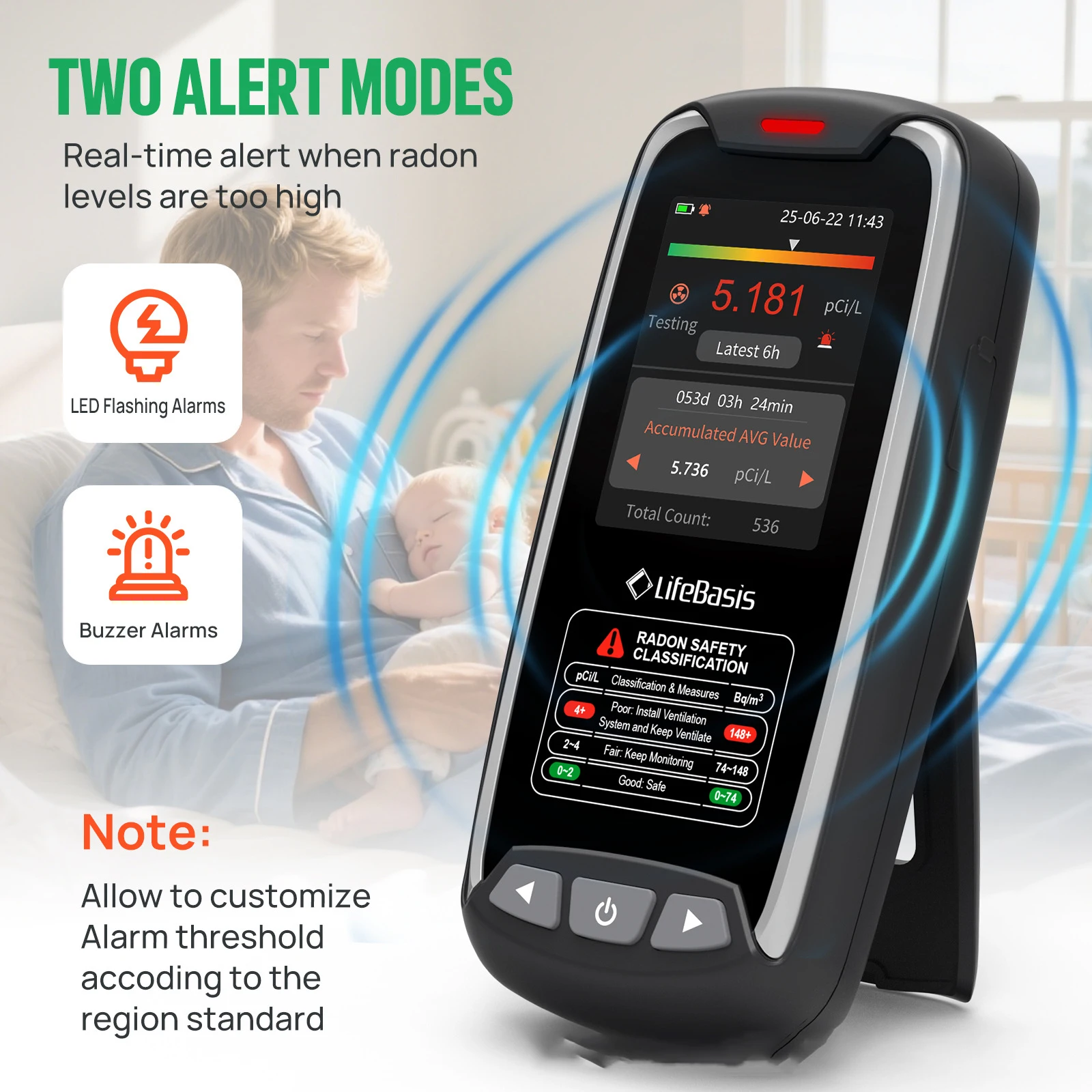 Radon Detector Draagbare Radon Gas Tester Met 0,09 - 1000 pCi/L Type-C Opladen LCD-scherm voor Thuis Milieu Monitoring