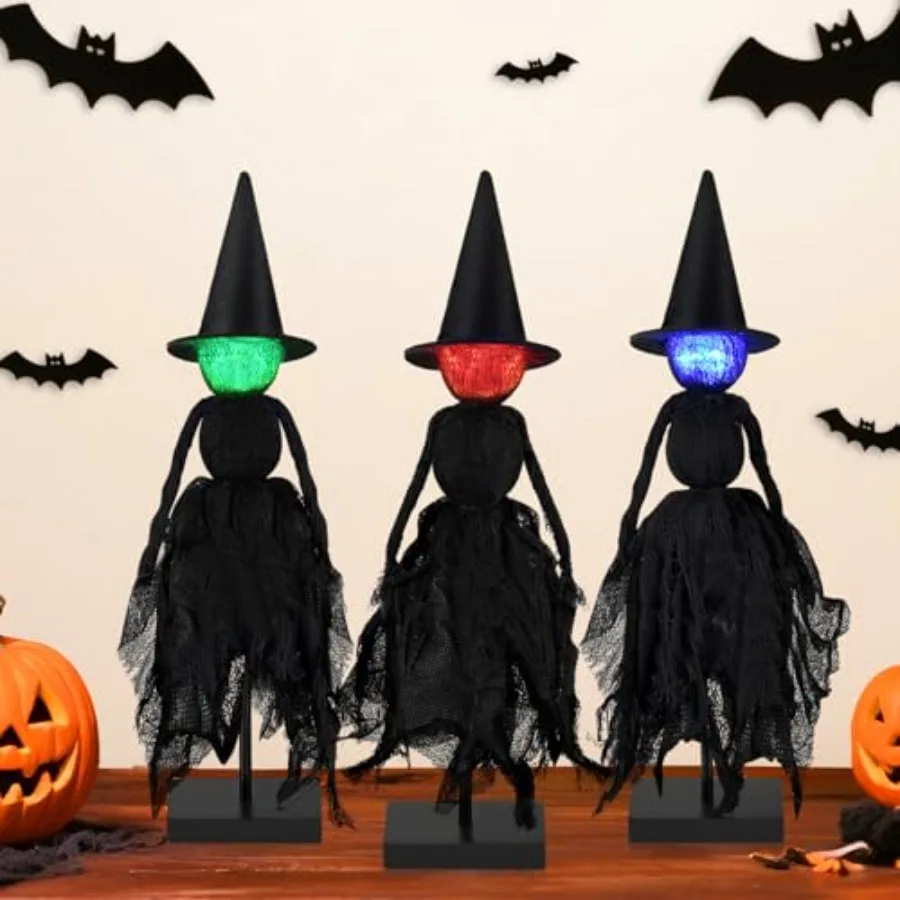 Halloween Decorations Indoor Set of 3 Lighted Primitive Witch with Hat Spooky Black Witches Figurines LED Lights Standing Table