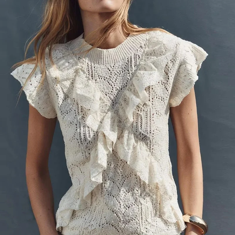 

Women's Knitted Me Fabric Embroidered Decorative Layered Top Spring 2025 Sweet Sle Polyester Fiber Z Brand