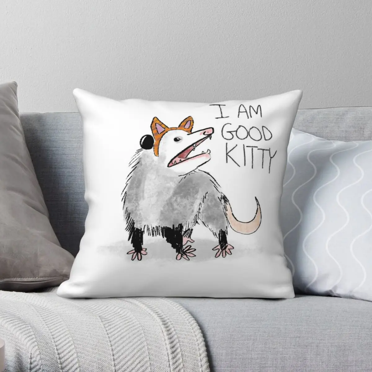 

I Am Good Kitty Opossum Pillowcase Polyester Linen Velvet Creative Zip Decorative Car Cushion Cover 18"