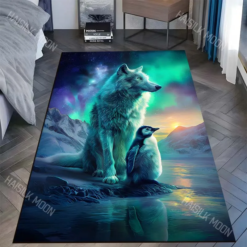 1PC Wolf and penguin under aurora Carpet for Living Room Bedroom Sofa Home Decor Rus Non-slip Floor Mat Luxury Gift