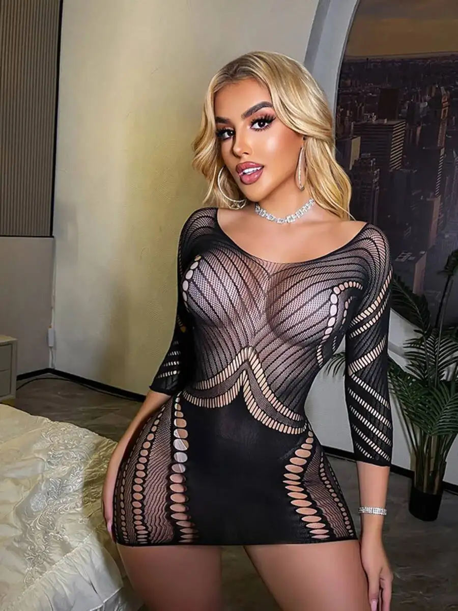 بدلة للجسم مثيرة بأكمام طويلة مفرغة ممزقة بدون ظهر شبكية برقبة دائرية بلون سادة نمط ملهى ليلي 1SBD #1