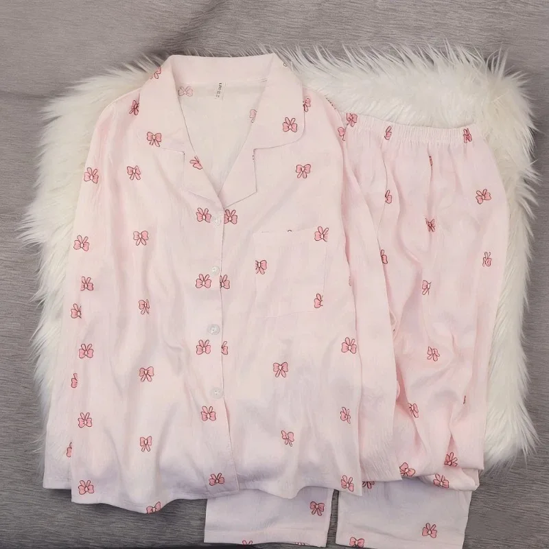 

Милый розовый пижамный комплект в стиле Харадзюку с бантом, женская мягкая домашняя одежда с длинными рукавами, новинка весенней коллекции