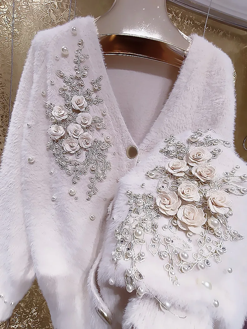 Fairy Luxury 3D Flowers Embroidery Pearls Beaded Warm Mink Cashmere Knitted Cardigan Plush Mohair Sweater Coat Knitwear Tops