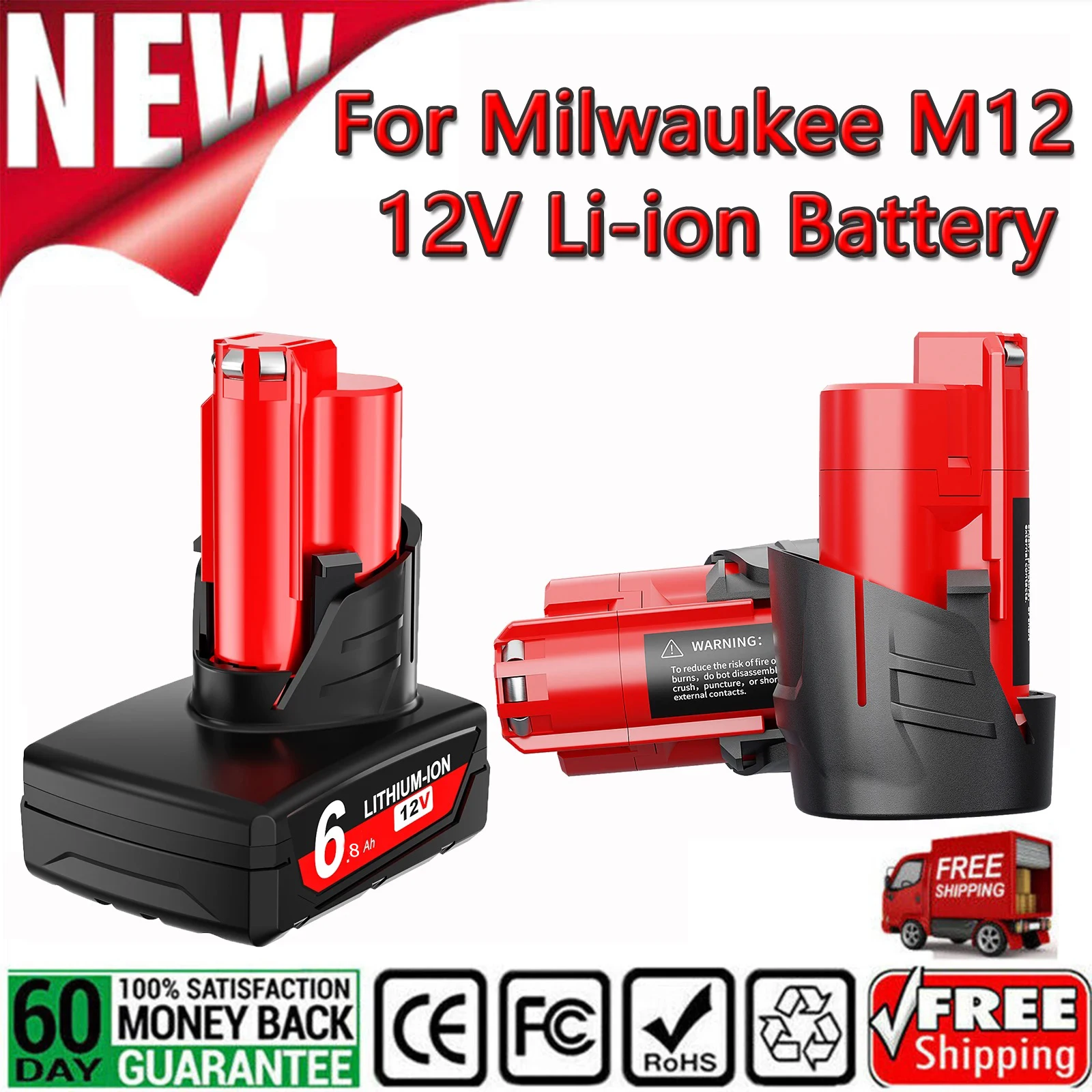 12V 6.8Ah Replacement Battery For Milwaukee M12 XC 48-11-2401, 48-11-2402, 48-11-2420, 48-11-2411,48-11-2412,M12B2,M12B4