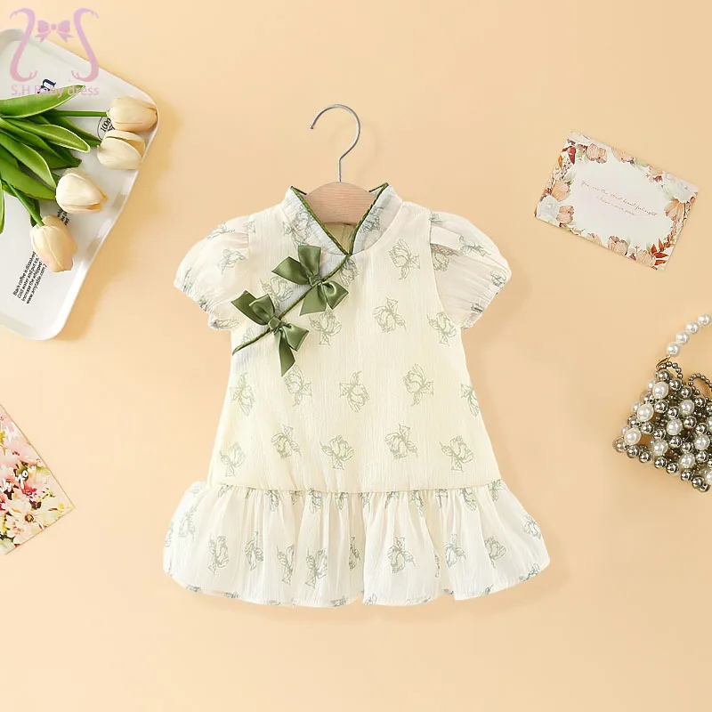 Newborn Chinese Style Delicate Baby Girls Dress Sweet Bow Children Clothing Fashion Kids Clothes Floral Soft 0-3 Y Toddler Dress
