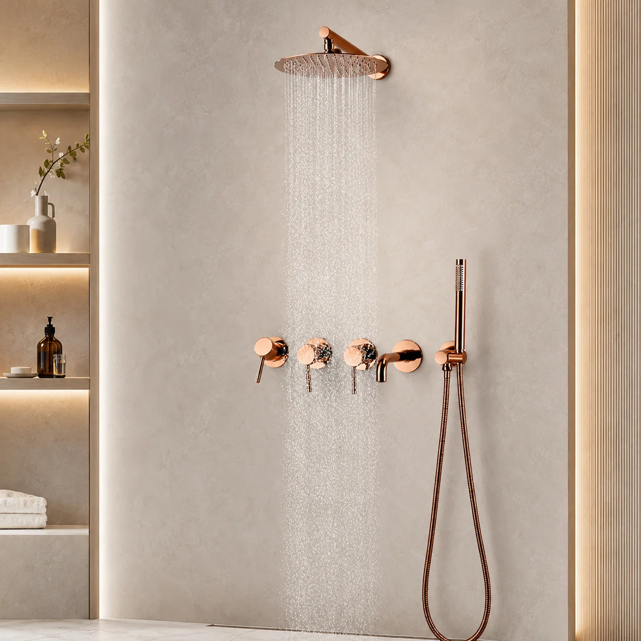 rainfall shower set, rose gold, wall mounted, brass, 3-way diverter, bathtub faucet, hand shower, hot cold, bath mixer tap