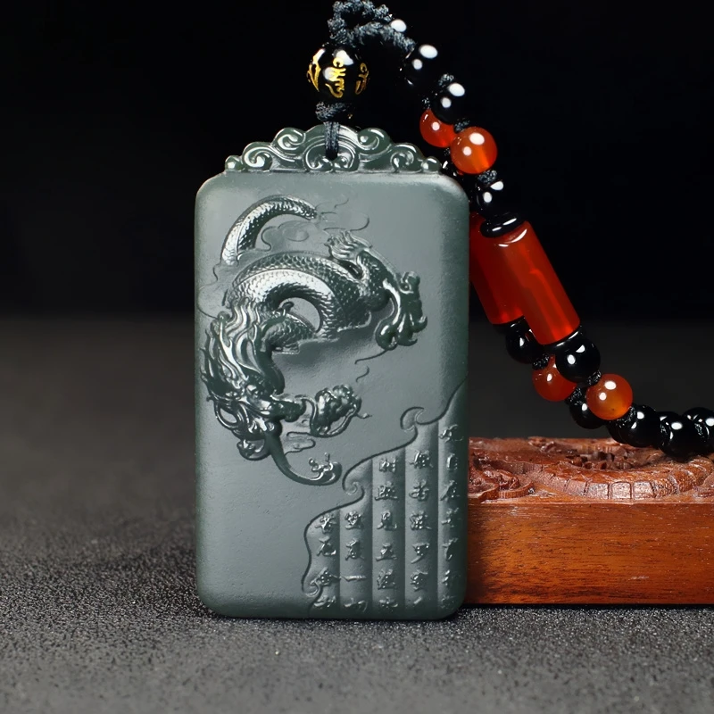 

Superb Bottle Green Jade Carven Dragon Amulet Pendant Lucky Words Hanging Agate Bead Necklace