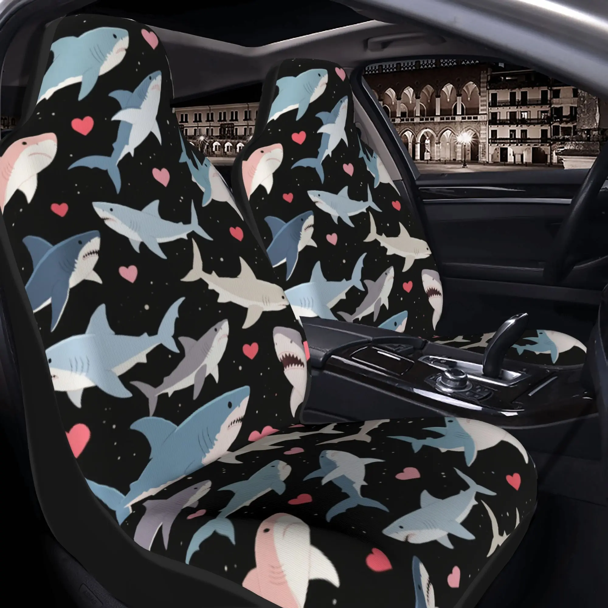 2pcs Sharks Hearts Background Car Seat Cover, Non Slip And Anti Fouling, Easy To Remove, The Best Choice For Improving Car Inter