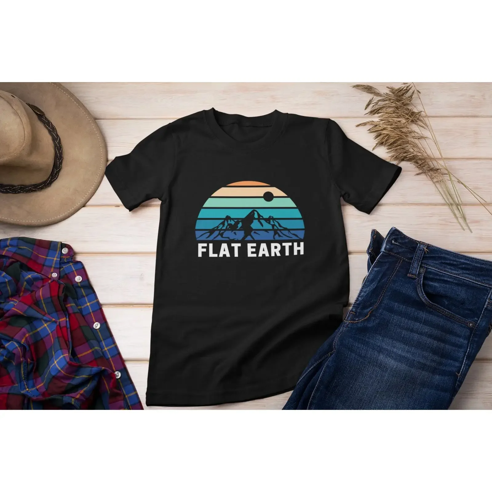 Flat Earth T Shirt Mountain Range  vintage Washed Top For Everyday Wear Soft Slightly Breathable Versatile Stylish Comfortable
