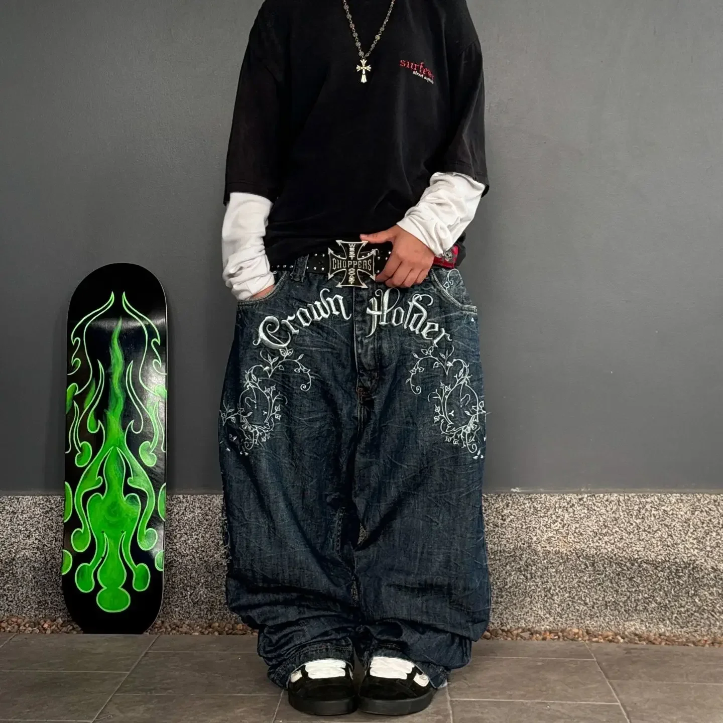 Y2K New Baggy Jeans Vintage Letter Embroidered Jeans Men's Street Harajuku Hip Hop Washed Loose Pants High Waist Wide Leg Pants