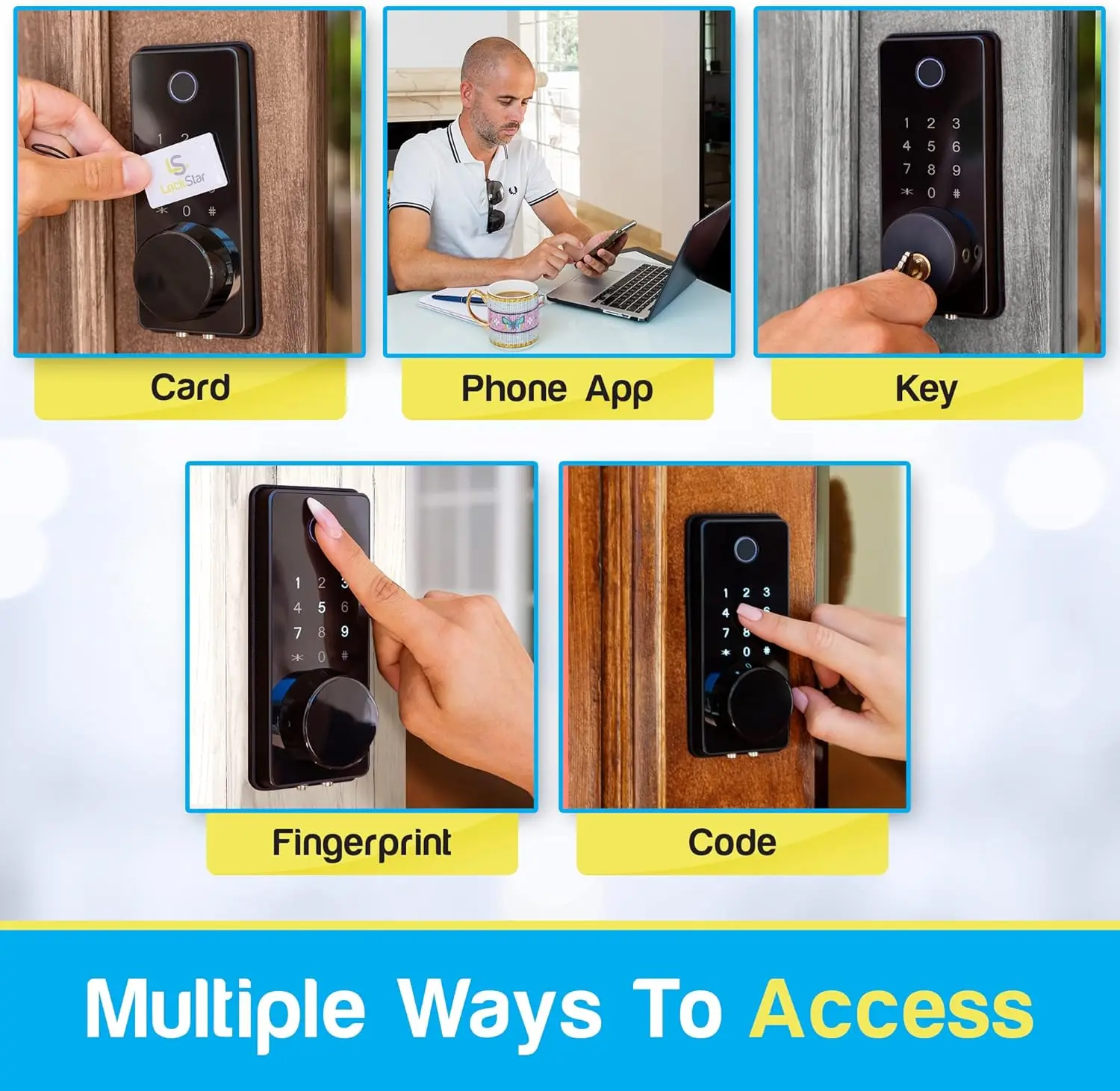 Keyless Deadbolt  Multiple Entry Methods – APP  Fingerprint Touch ID  Keypad Code  FOB