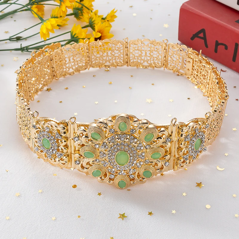 Fatima Fashion Moroccan Gemstone Women Dress Belt Hollow Bridal Metal Gold Color Waist Chain Green Blue Pattern Body Jewelry