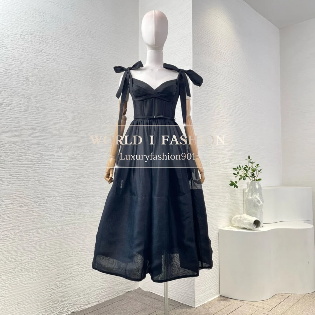 Linen Silk High Quality 2024 New Vintage Hot High Quality Black Sleeveless Bow Women Spaghetti Midi Dress