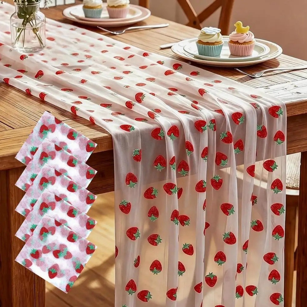 Sheer Table Overlay Strawberry Table Runner Sheer Tulle Table Runner with Strawberry Cherry Pattern Summer Fruit Overlay