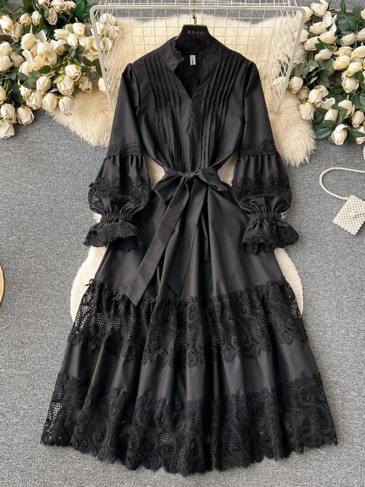 Women Elegant White Pleated Dress Spring Autumn Long Sleeve Fashion Patchwork Lace Dresses Ladies Slim A-line Vintage Long Robe