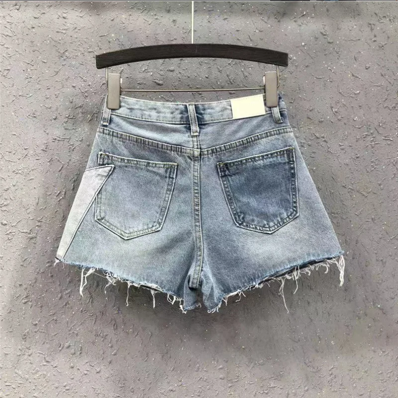 Perforated Light Blue Denim Shorts Women 2025 Summer streetwear pants Wide Leg Pants Pockets Shorts Cotton Shorts p1679