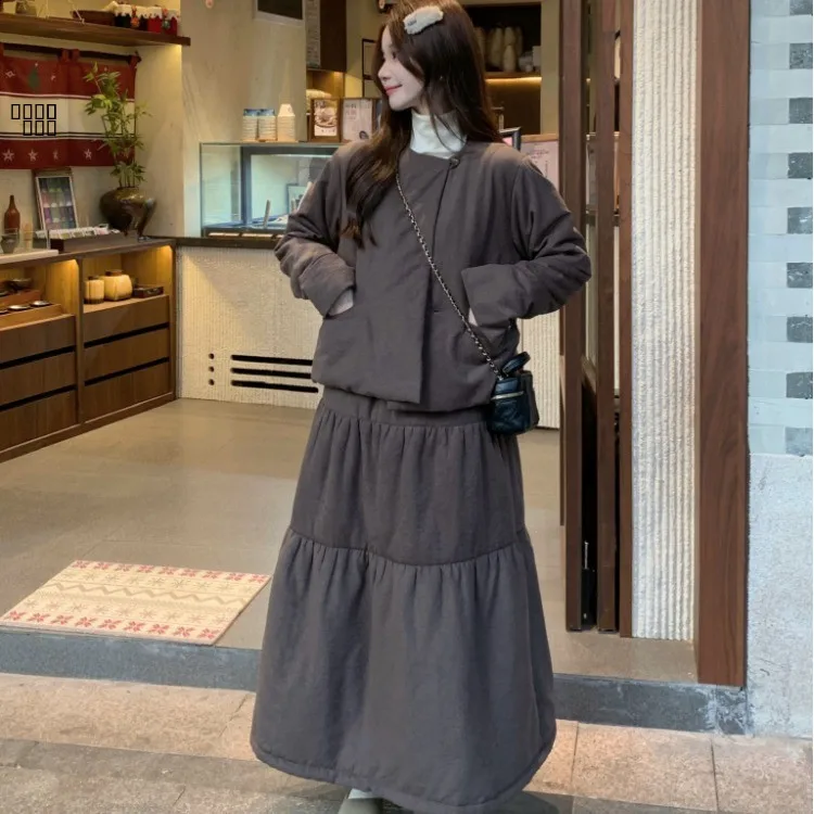 

Корейский Sle Loose ort Sve Cotton Jaet Thiened f Юбка Зимний простой комплект Женский повседневный костюм из двух предметов Faion