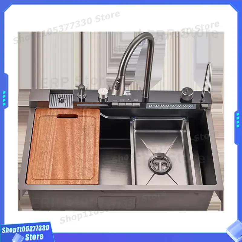 New Trend 304 SS Multifunctional One Piece Automatic Cup Washer Piano Digital Display Two Waterfall Faucet Kitchen Sinks
