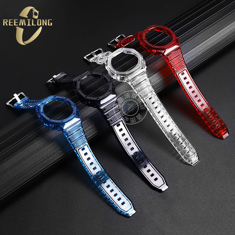 Silicone rubber watch strap set Integrated soft Jelly transparent pure colour watchband set case For CASIO G-SHOCK GA2100 GA2110