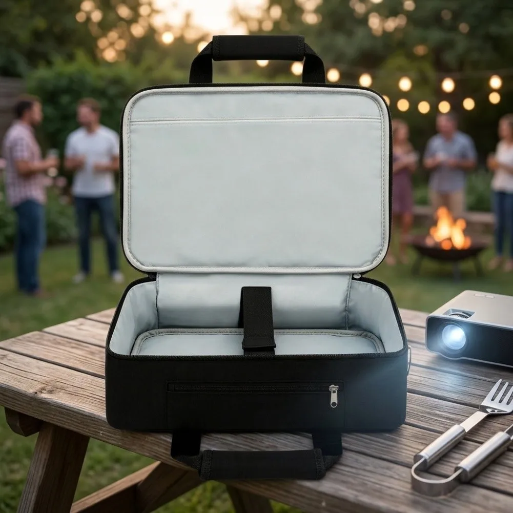 Two-Compartment Projection Gear Bag for Outdoor Parties BBQ Picnics 36x28x10cm Padded Protection Black Polyester