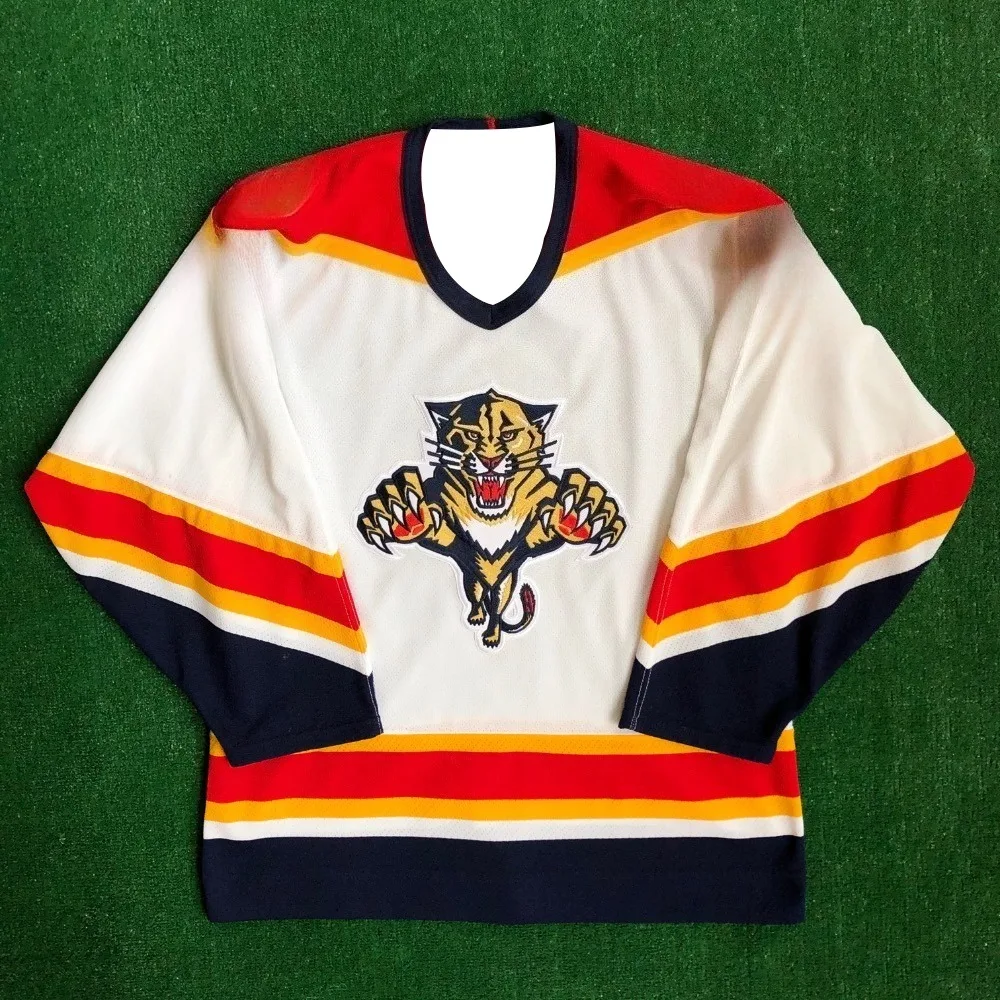 

Hockey Jersey - White with Red/Yellow/Navy Accents Classic Panther Logo Vintage Striped Design Athletic Jersey 3d HD Prints