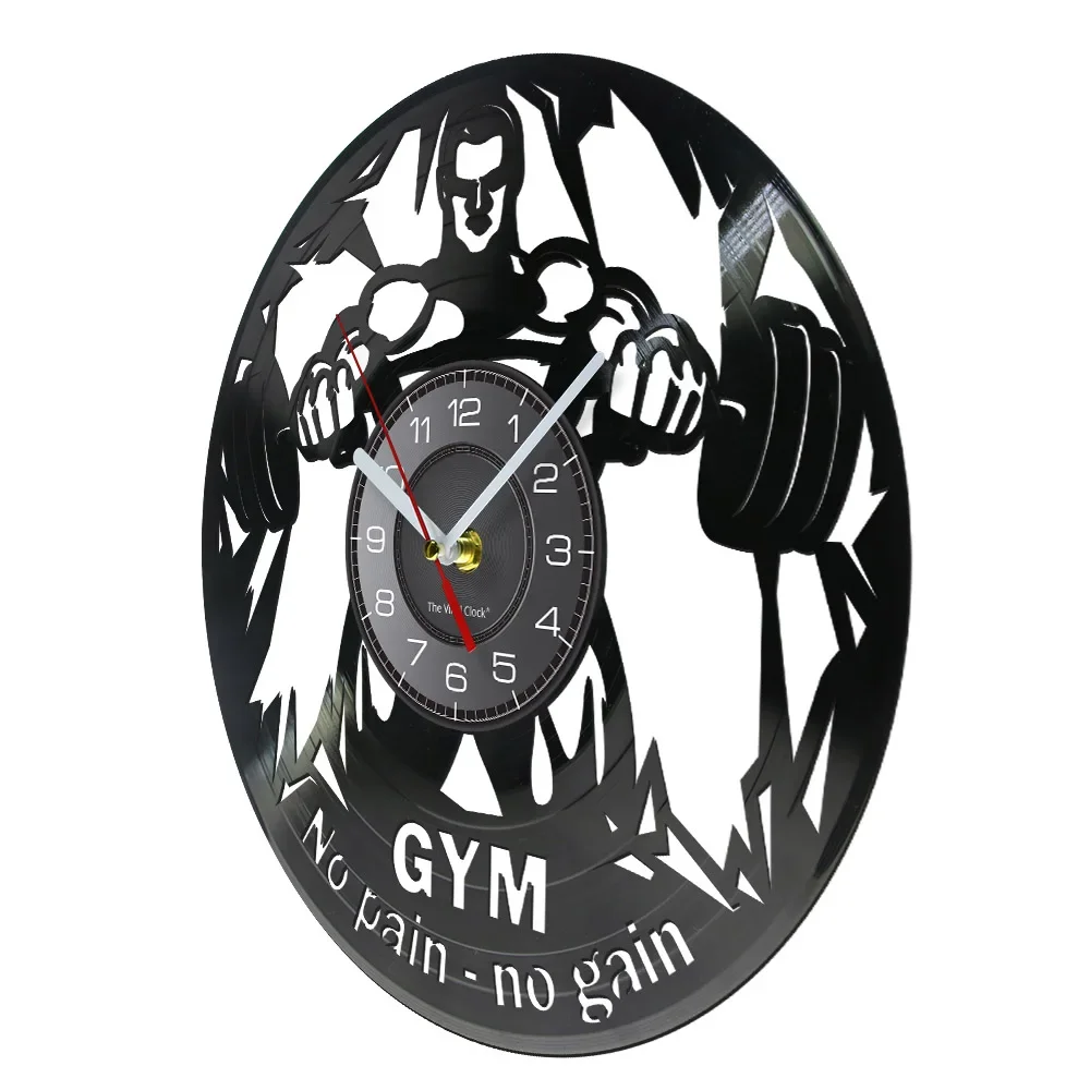 NO PAIN NO GAIN GYM Wall Clock Fitness Vinyl Record Wall Clock Weightlifting Men Inspirational Fitness Studio Wall Decor Clock