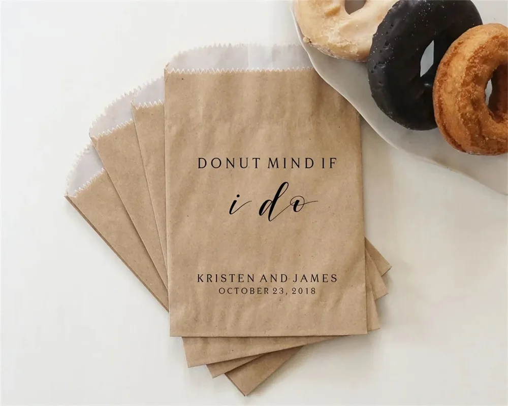 50PCS Donut Favor Bags, Kraft Paper Sacks, Wedding Dessert Table, Bridal Shower, Donut Mind If I Do - Personalized - Lined, Grea