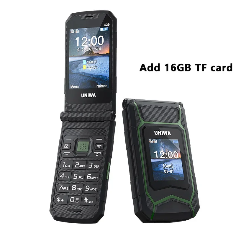 UNIWA X29 – telefon komórkowy z obudową typu „flip”, dużymi przyciskami, podwójną kartą SIM, obsługą MP3 i MP4, Bluetooth 2.1 oraz rosyjską klawiaturą, przeznaczony dla osób starszych. — zdjęcie produktu 8