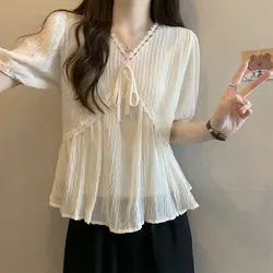 Large French V-neck Bubble Sleeves Chiffon Shirt for Women's Summer Covering Belly Hidden Meat Sweet Casual Short Sleeved Top