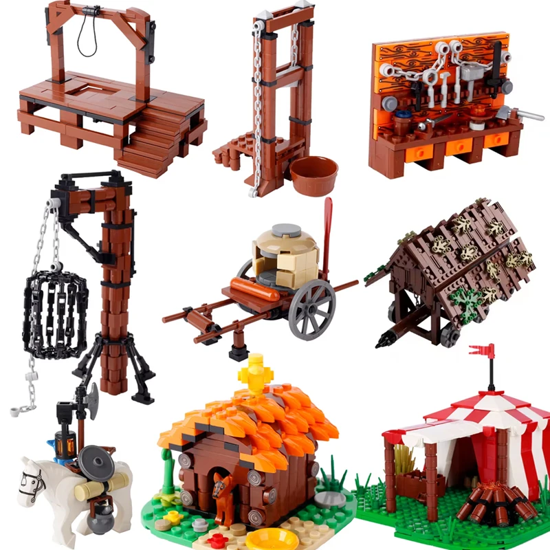 MOC Medieval  Scene Building Blocks Military Camp Viking Warrior Soldiers Tent Outpost Pirate Ship Stable Castle Wall Bricks Toy