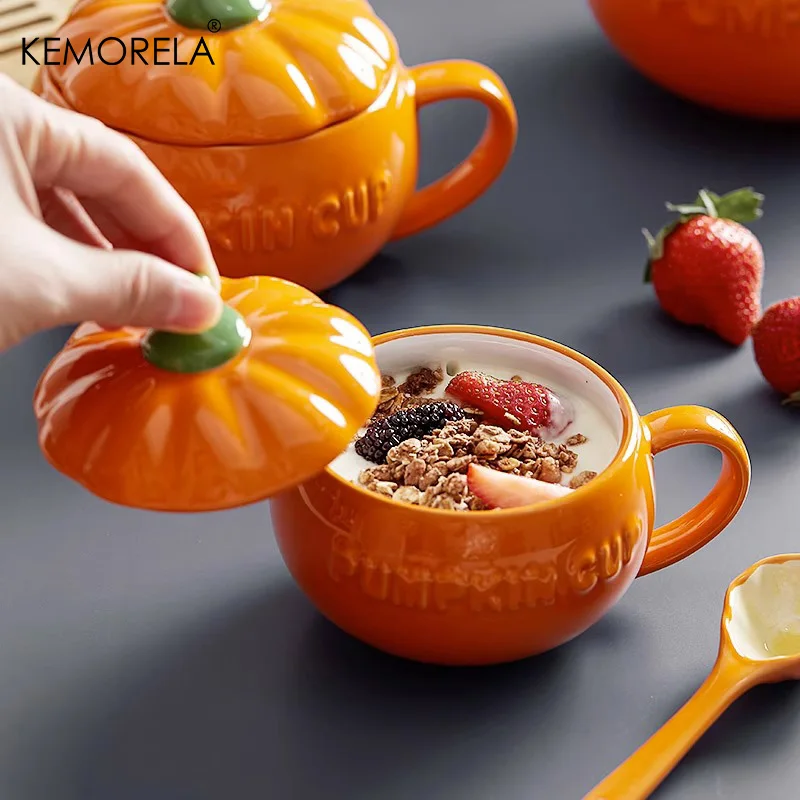 KEMORELA 1PC 300/500/850ML Halloween Pumpkin Shaped Bowl Ceramic Cup With Lid Spoon Kawaii Soup Mug Oatmeal Cup Creative Cup