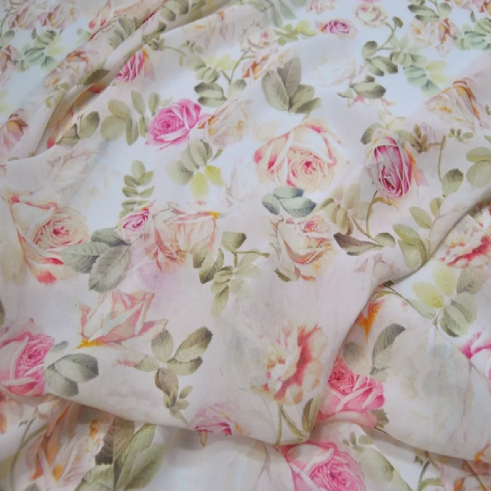 

Новейшая мягкая дышащая ткань из 100% чистого шелка с цветочным принтом розы для женской летней милой классической одежды