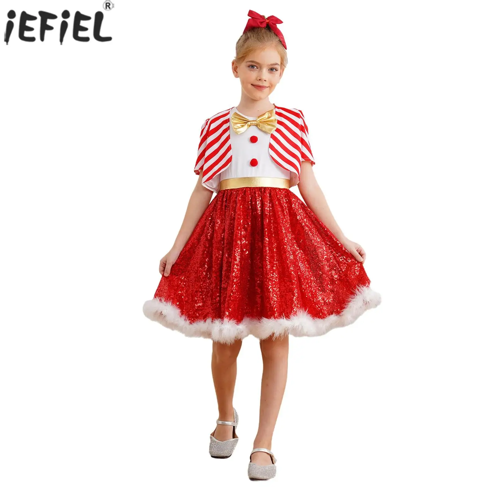 Kids Girls Christmas Candy Cane Costume Sleeveless Bow Knot Sequin Ballet Dance Dress with Striped Coat for Festival Theme Party