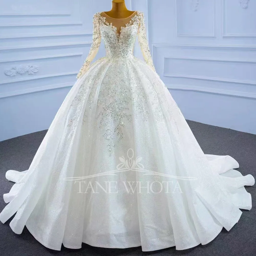 

2025 Brides O-Neck Long Sleeve Lace-Up Back Sequins Crystal Ball Gown Wedding Dress Customized